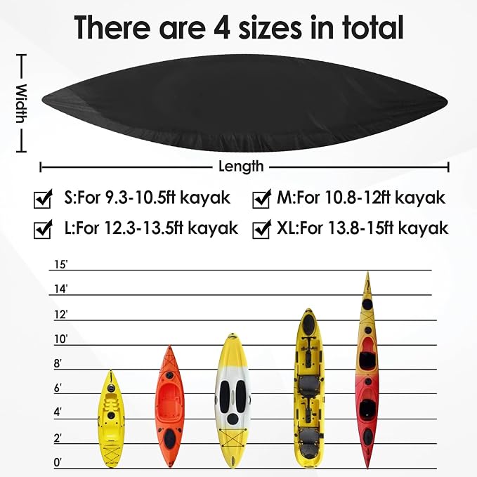 Kayak Cover,420D Heavy Duty Waterproof & UV Resistant Kayak Covers for Outdoor and Indoor Storage,Tear and Fade Resistant Canoe Cover (Black, XL (For 13.8-15ft kayak))