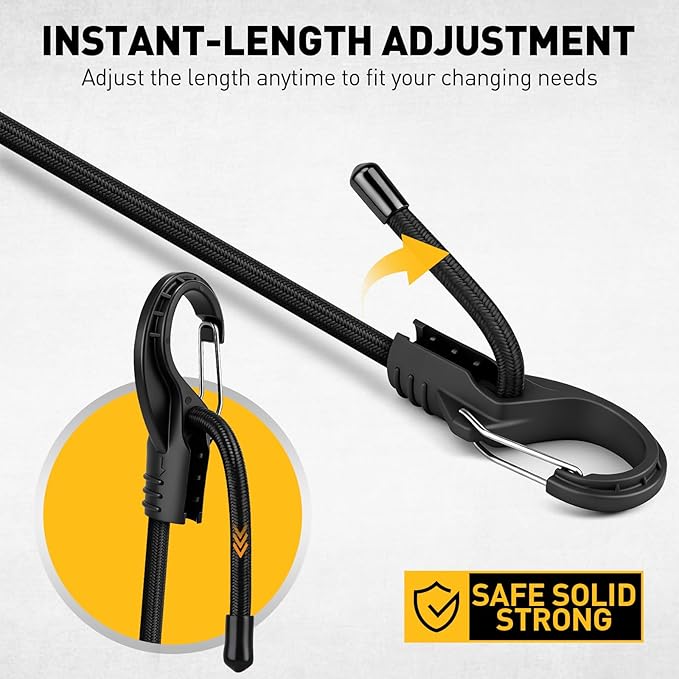 8-Piece 36-inch Adjustable Bungee Cords with Hooks, Heavy Duty Outdoor Carabiner Bungee Straps, Easily Adjust from 7" to 36", Black Super Elastic Cord for Cargo, Camping, Bike Racks, Tents