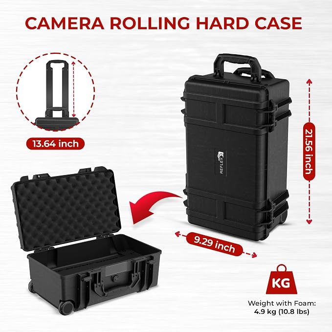 Reflex Camera Large Protective Rolling Hard Camera Case suitable for Drones, Lens, DSLR & Guns. Smooth Rolling Wheels, Waterproof IP67, Shockproof with Adjustable Compartments Dividers