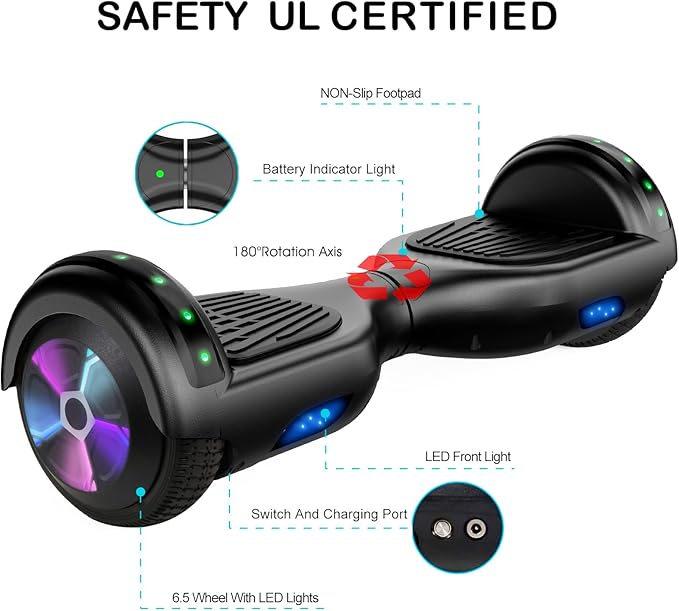 LIEAGLE Hoverboard, 6.5" Self Balancing Scooter Hover Board with Bluetooth Wheels LED Lights for Kids Adults
