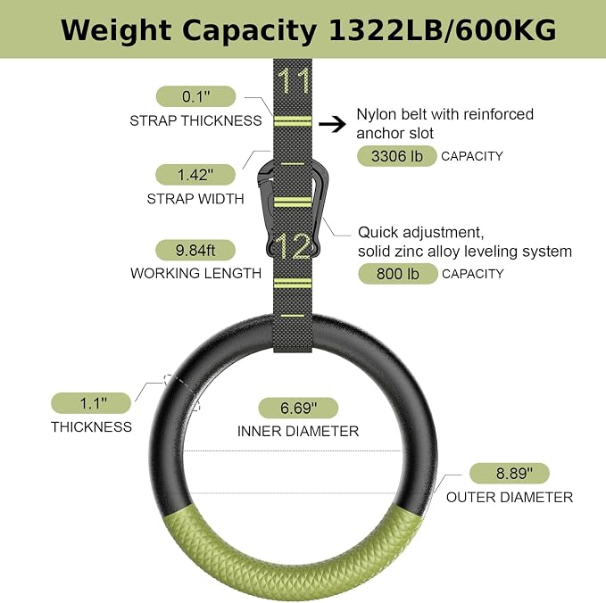 QUOLIX Gymnastic Rings with Adjustable Straps, Non-Slip Pull Up Rings with Straps, 1300lbs Exercise Rings with Straps for Home, Gymnastics Rings for Home Gym, Workout, Exercise, Training, Calisthenic