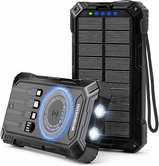 49800mAh Solar Charger Power Bank -Wireless, 4 Cables (Black) | IP65, Dual LED Flashlight, QC3.0, USB-C In/Out for Camping & Emergencies
