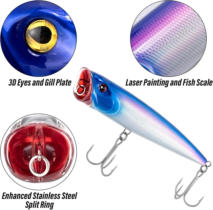 Dr.Fish Popper Saltwater Fishing Lures, 4/5.5 Inches GT Popper VMC Treble Hooks Surf Fishing Lures for Bass Striper Pike Salmon Offshore