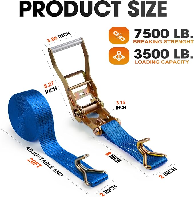 4Pack Ratchet Straps Heavy Duty-2 Inch x 20 Feet(7,500lb Break Strength), Tie-Down Ratcheting with J-Hook Cargo Straps Tiedown Ratchet for Moving and Transports with Trailers, Pickup, Flatbed Trucks