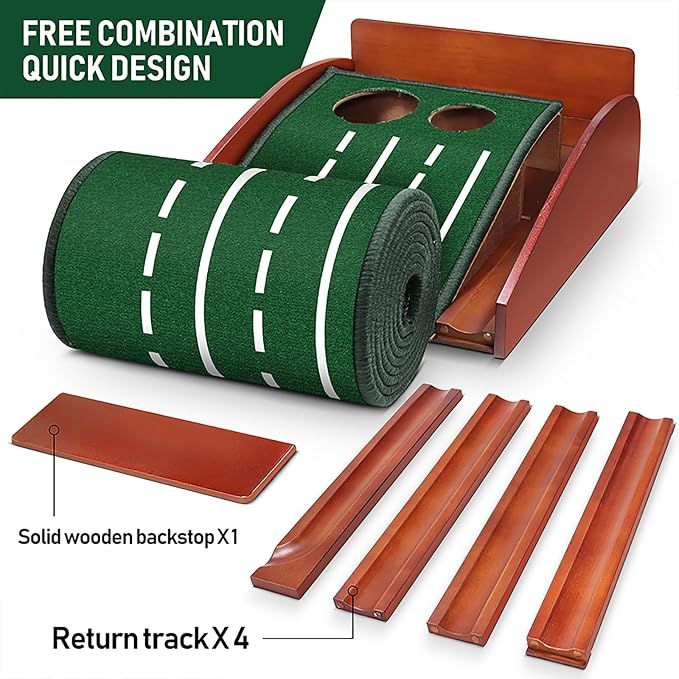 Golf Putting Mat fot Indoor, Wood Putting Green Indoor & Outdoor Training Equipment with Ball Return 8ft Practice Putting Mat, Wrinkle-Free Natural Rubber Mat, Golf Accessories for Men