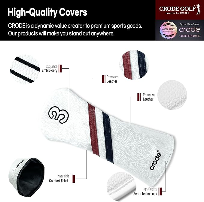 CRODE Golf Club Head Covers Premium Leather for Iron(9pcs/Set), Driver, Fairway Wood, Hybrid, Blade Putter, and Mallet Putter Cover Fit Most Brands