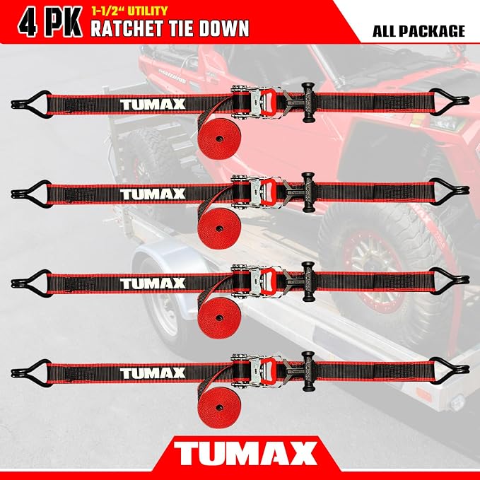 4 PK Universal Ratchet Straps Heavy Duty, 1.5" x 16 FT Tie Down Straps with Double J Hooks, 3300 lbs Break Strength, Ergonomic T-Handle & Ammo Box for Trailer, Truck, Motorcycle, ATV, UTV, Boat