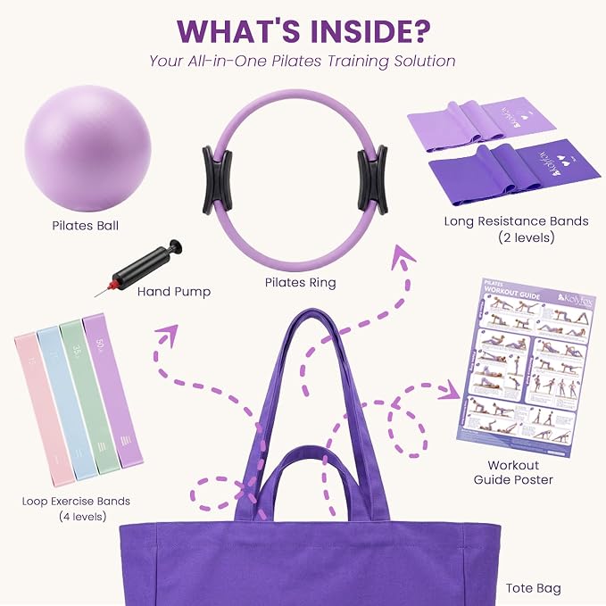 Pilates Kit - 15" Pilates Ring Set for Women Home Workouts, Pilates/Yoga Equipment for Beginners, Pilates Magic Circle with 9" Core Ball, Resistance Bands, Guide & Bag