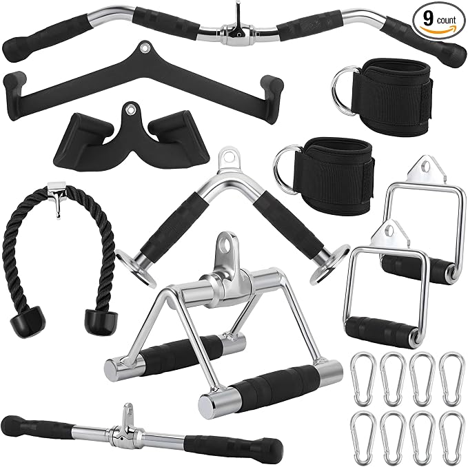 Junkin 19 Pieces LAT Pull Down Bars Cable Machine Attachments for Home Gym Triceps Rope Pull Down Equipment Weight Machine Accessories for Fitness Workout Strength Training