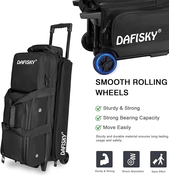 DAFISKY 3 Ball Bowling Bags with Wheels, Roller Bowling Bag with Multiple Pockets Retractable Handle Extends to 38‘’