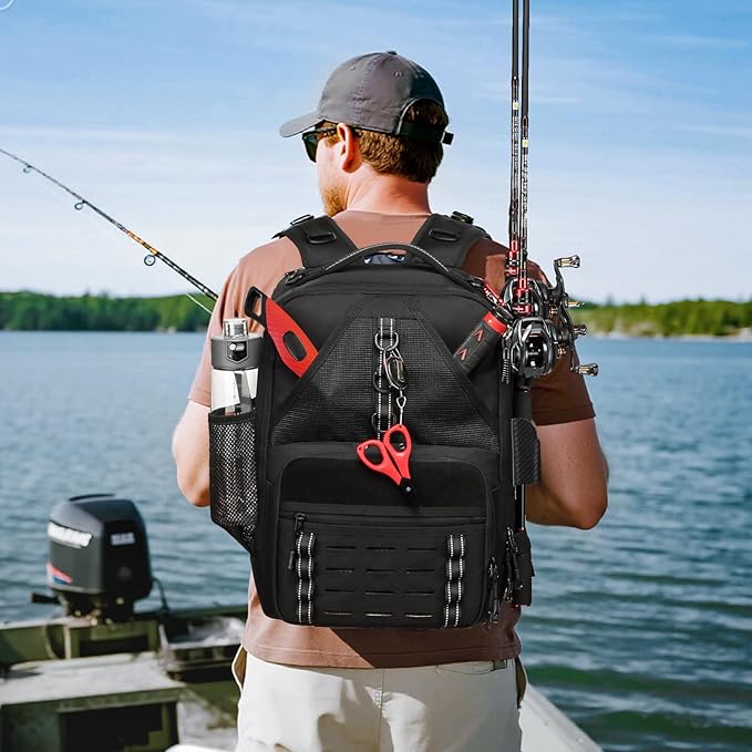 Fishing Tackle Backpack,Tackle Bags with 2 Rod Holders & 4 Tackle Boxes, Water-Resistant Large Tackle Bag Storage Bag for Fishing Gear, Fisher Gifts for Men, Black