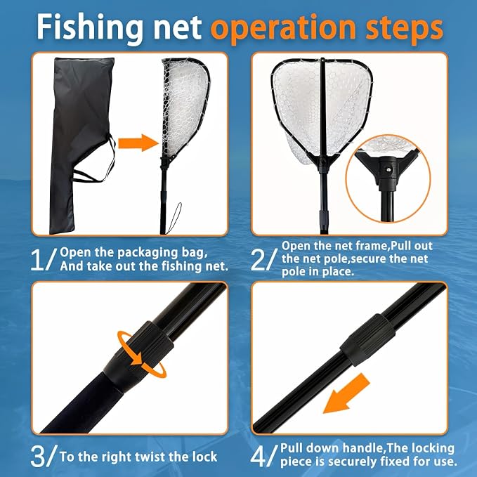 74.8in Fishing Net with Handle, Collapsible Foldable Landing Net Extendable with Aluminum Handle, Large Rubber Foldable
