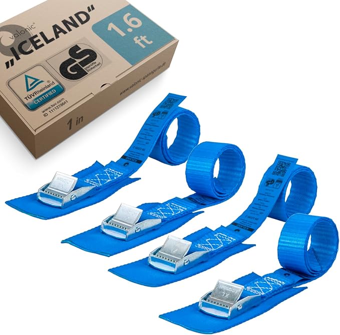 valonic Iceland - Short tie Down Straps - 4 Pack, 1.6 ft x 1 inch, 1100 lbs, TÜV Rheinl. Certified, Protection pad, cam Buckle - for Bicycle, roof Rack, Luggage, Motorcycle