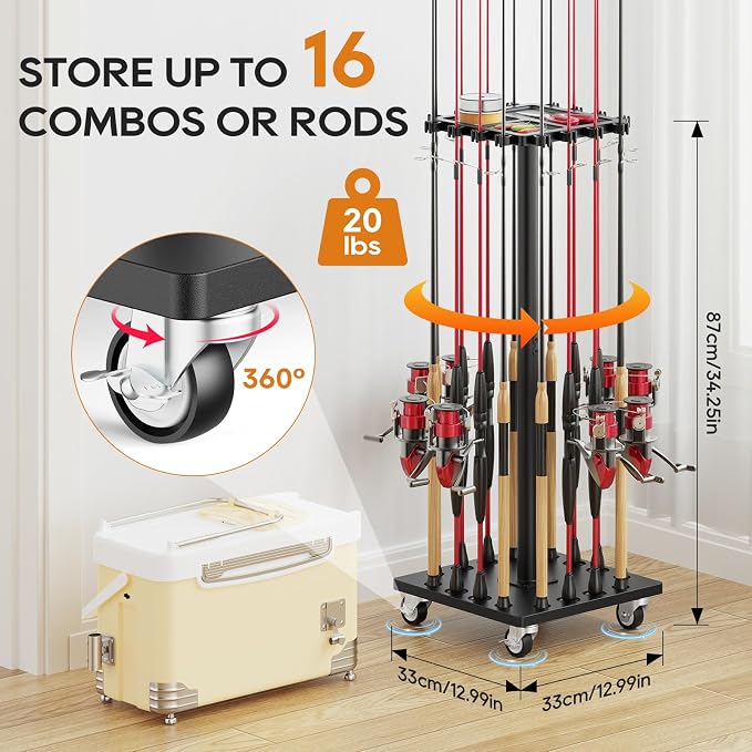 Fishing Rod Holder Rack with 360° Rotating Base – 16 poles Capacity,multi-purpose Rod Storage Rack,Easy Install & Durable Wooden Vertical Fishing Pole Holders for Ground,Black