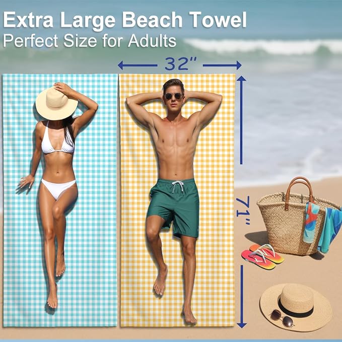 2 Pcs Microfiber Beach Towel Sand Free Quick Dry Oversized Yellow White Gingham Checkered Lightweight Travel Pool Towels for Adults Swim Camping 71 x 32 Inches
