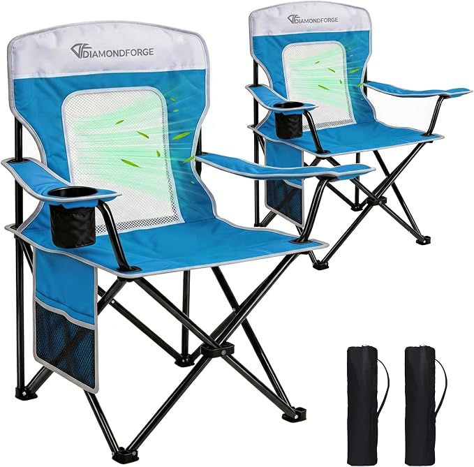Camping Chairs, 300 LBS Breathable Mesh Lawn Chairs 2 Packs (Blue White) | High Back, Portable Outdoor Folding Camping Chairs for Adults, with Cup Holder for Picnic, Lawn, Beach, Fishing and Sports