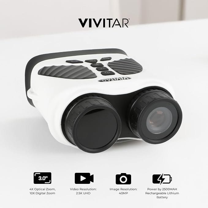 Vivitar - Digital Camera Binocular, 16MP High-Resolution Photos, Full QHD 2.7K Video, Day & Night Use, Compact Design, Soft Rubber Drop-Resistant Red Body, for Sports, Travel & Outdoors (White)