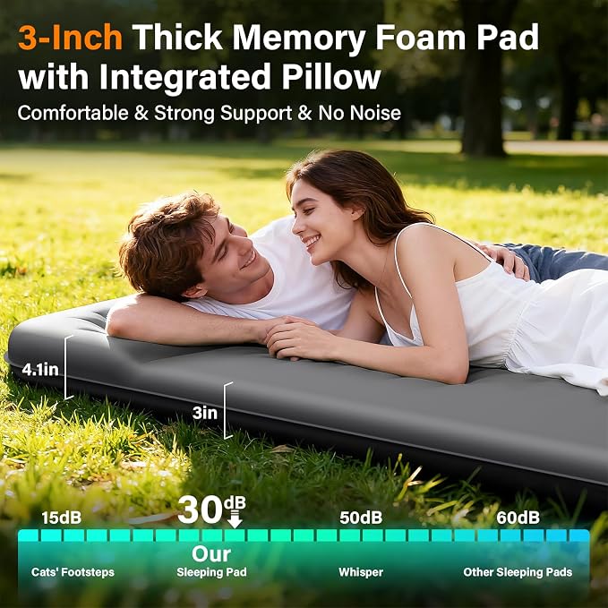 HiiPeak Double Camping Sleeping Pad with Electric Pump, 3" Thick 2 Person Self Inflating Memory Foam Mattress Pad with Pillow, Portable Sleeping Mat for Travel, Car, Tent, Full Size (Gray)