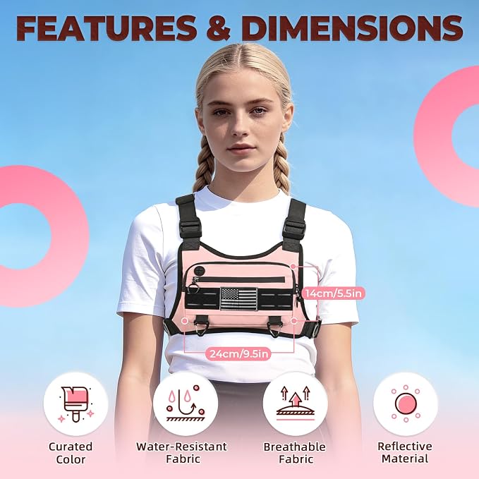 Muserise Sports Chest Bag For Men Women, Water Resistant Lightweight Front Chest Pack, Running Vest Bag With Built-In Phone Holder & Extra Storage For Workouts, Running, Cycling (Pink)