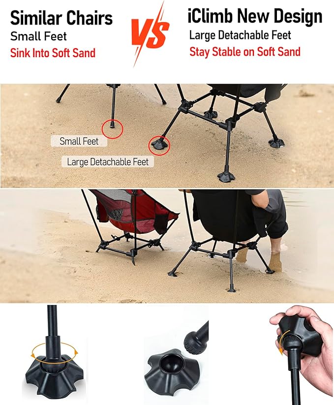 iClimb Ultralight Compact Camping Folding Beach Chair with Anti-Sinking Large Feet and Back Support Webbing (Red - Square Frame - 2PC)