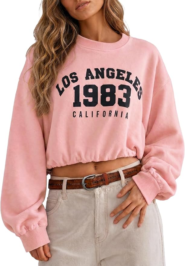 Flowyair Womens Crewneck Sweatshirt Los Angeles Elastic Waist Crop Tops | Long Sleeve, Loose Fit, Fall Spring, Pullover Tops, Round Neck, Elasticated Hem