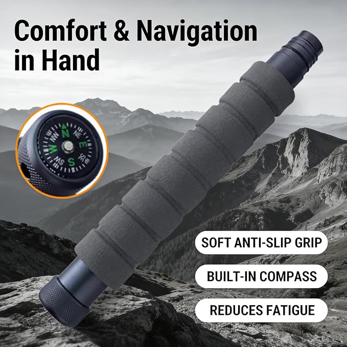 Trekking Pole Tactical Walking Stick, Multifunctional Lightweight Aircraft Aluminum Collapsible Survival Hiking Pole with Storage Bag for Women Men Seniors Camping Backpacking
