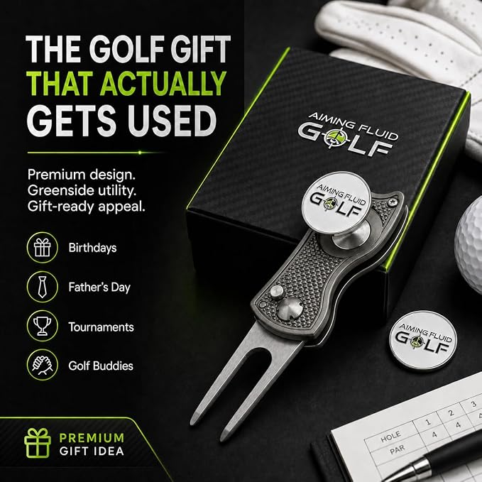 Golf Divot Repair Tool — 5-in-1 Golfing Ball Marker, Pitch Mark Repair, Putting Alignment, Club Tee, and Groove Cleaner, Accessory Metal Switchblade Design - Ideal Gift for Golfers