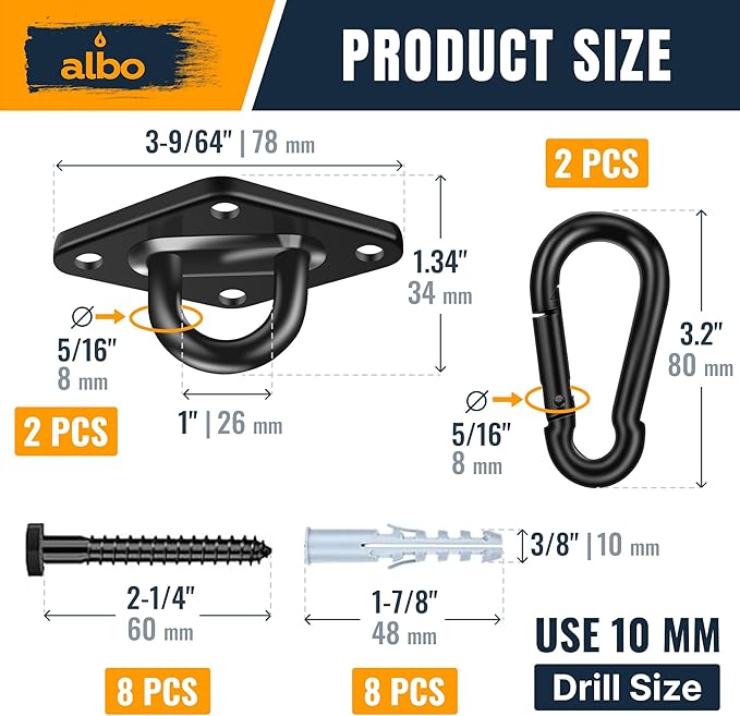 Albo Diamond Plate 2650lbs Swing Hangers 2 PCS - Heavy Duty Ceiling Mount Hooks with Snap Carabiners, 304 Stainless Steel for Wood & Concrete & Metal, Indoor Outdoor Anchor for Hammock, Yoga, TRX