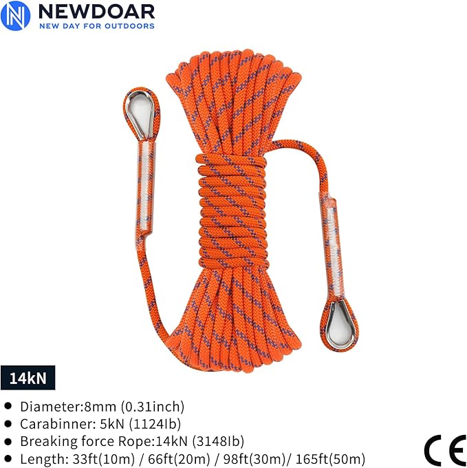 NewDoar 14KN Static Climbing Rope 8mm(5/16in) Accessory Cord Equipment 33FT(10M) 66FT(20M) 98FT(30M) 165FT(50M) Escape Rope with 2 Carabiners for Ice Climbing Equipment Fire Rescue Rope-Orange/20M