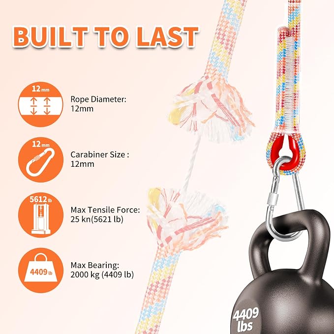 Tree Swing Ropes (Set of 2), 5FT/10FT/15FT/20FT, Tree Swing Straps Hanging Kit Holds 4400 lbs, Heavy Duty Carabiners for All Swing Hammock Playground Set Accessories (15FT)