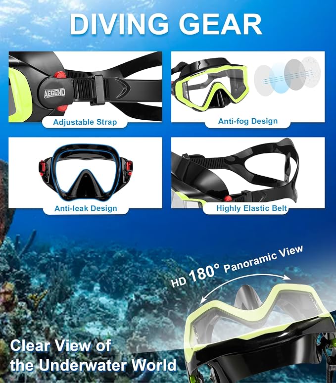Aegend Snorkeling Gear for Adults Youth Kids, Snorkel Mask with Top Dry Valve - Panoramic View Anti-Leak and Anti-Fog with Mesh Bag for Snorkeling, Scuba Diving, Freediving & Swimming