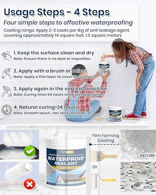 Waterproof Sealant 70oz Clear, TUFINEIN Transparent Waterproof Coating Water-Based Invisible Agent Roofs, Walls, Garden, Terraces Indoor & Outdoor