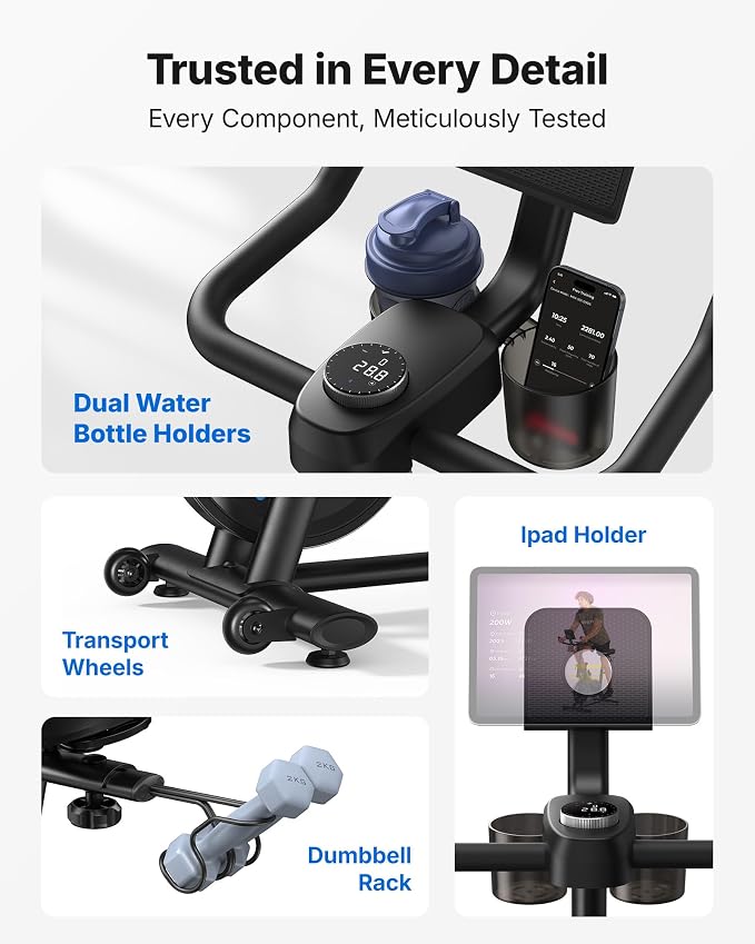 Merach Exercise Bike, Magnetic Friction Stationary Bike with Brake Pad and Exclusive App, Low Noise Indoor Cycling Bike with 300lbs Weight Capacity, Tablet Mount and Fitness Courses for Weight Loss