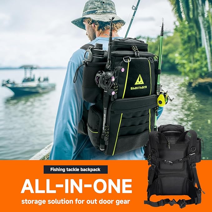 Ghosthorn Fishing Tackle Backpack with 4 3600 Tackle Boxes Rod Holder Outdoor 43L Large Bag with Detachable Wasit Bag Storage Fishing Gear and Equipment Waterproof