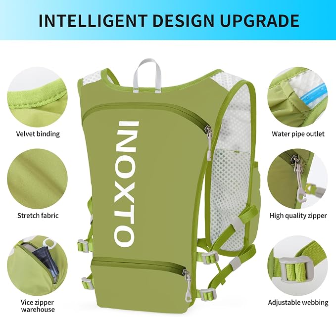 INOXTO Running Hydration Vest Backpack,Lightweight Insulated Pack with 1.5L Water Bladder Bag Daypack for Hiking Trail Running Cycling Race Marathon for Women Men (Fruit Green)