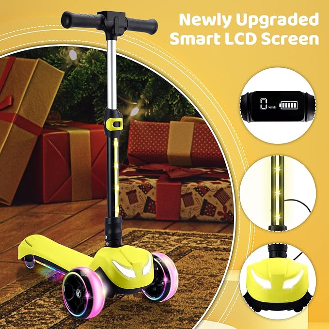 Electric Scooter for Kids w/150W Powerful Motor, Thumb Throttle, LCD Screen, Bluetooth, Light-Up Stem Deck & Wheels, 3 Adjustable Heights, 5MPH Safe Speed, 3 Wheel Electric Scooter for Kids