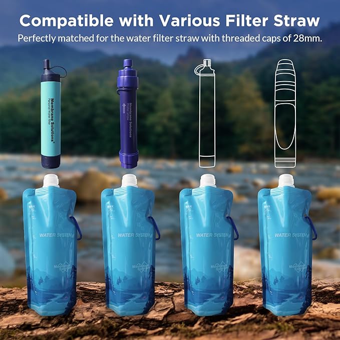 Membrane Solutions S2 Detachable Water Filter Straw (Pack of 5) with 23oz Collapsible Squeezable Water Pouch (Set of 4)