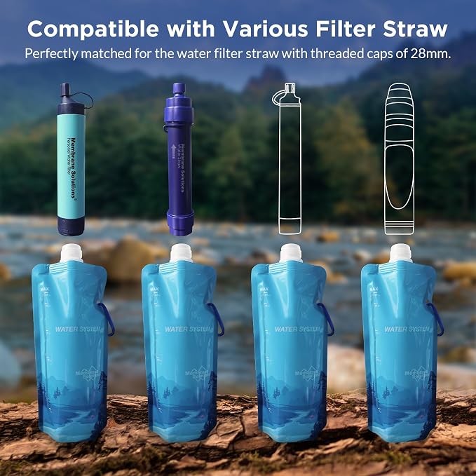 Membrane Solutions Squeezable Water Filtration System, Survival Water Purifier Kit, Portable Backpacking Gear Including Water Filter Straw and 23oz Collapsible Bottle for Hiking Camping Travel(6+6)