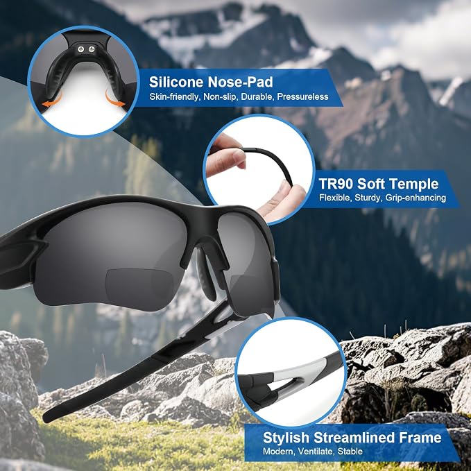 Attractive Bifocal Reading Sunglasses for Men, Durable TR90 Semi Rimless Wrap Around Design Sun Readers, UV400 Near-Far Sun Glass Built in Outdoor Sports/Driving/Finshing Dark Glasses, +2.25
