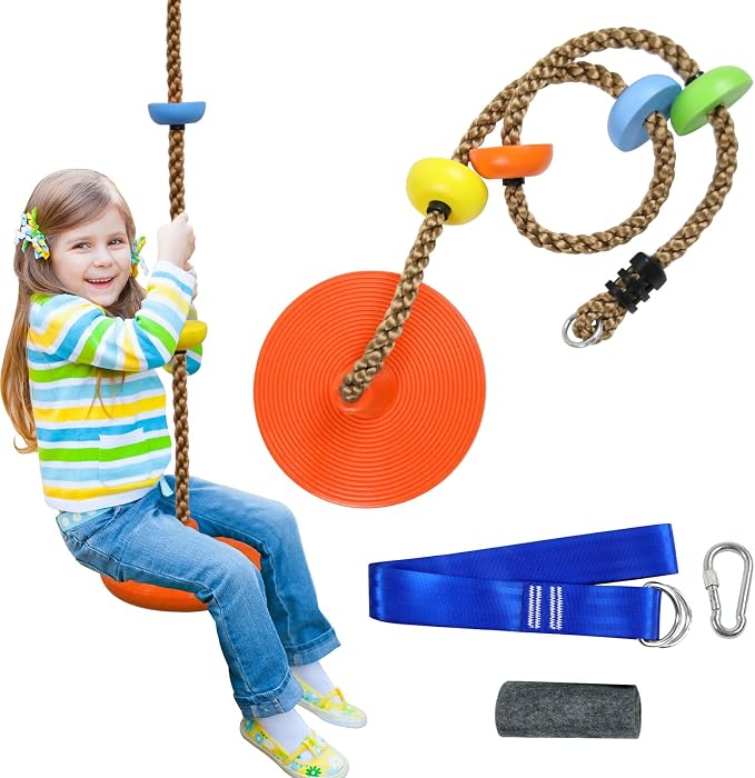 Tree Swing for Kids,Climbing Rope with Platforms,Disc Swing Seat Set Outdoor Playground Accessories for Kids-Include Carabiner, 4ft Tree Strap and Tree Protector (Orange)