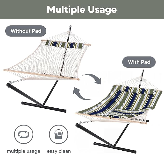 SUNCREAT Hammocks Double Outdoor Hammock with Stand, Cotton Rope Two Person Hammock with Polyester Pad & Large Pillow, Carrying Bag, Blue& Gray