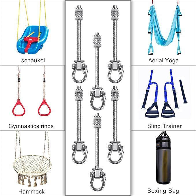 SELEWARE Heavy Duty Bearing Swing Hangers, 6 Pack Stainless Steel Swing Hooks for Wood and Steel Beam, Swing Hardware for Hammock, Yoga Swing, Porch Swing, Heavy Bag, 7" x M2/5", 1500LB Capacity