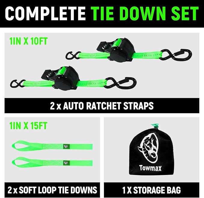 Retractable Ratchet Straps (Patented-2pack) - 1 inch x 10Feet (1,800lb Break Strength) Auto Self Retracting Tie Down Straps - Self Retractable Straps with Refletcive for Motorcyle, Truck or Cargo
