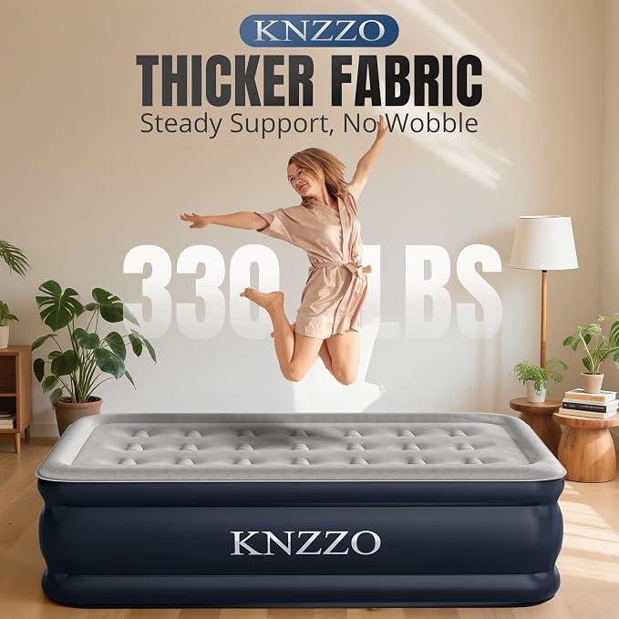 KNZZO Twin Air Mattress with Built-in Pump, 18" Top Inflatable Mattress with Waterproof Flocking Fabric, Three-Minute Quick-Inflatable Bed. Portable Blow Up Mattress for Home, Outdoor and Guests