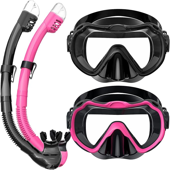 Snorkeling Gear for Adults, Snorkel Mask Set 180° Panoramic View Snorkel Gear, 100% Food-Grade Silicone Anti-Fog Anti-Leak Dry Top Diving Mask for Snorkeling Swimming Scuba Diving