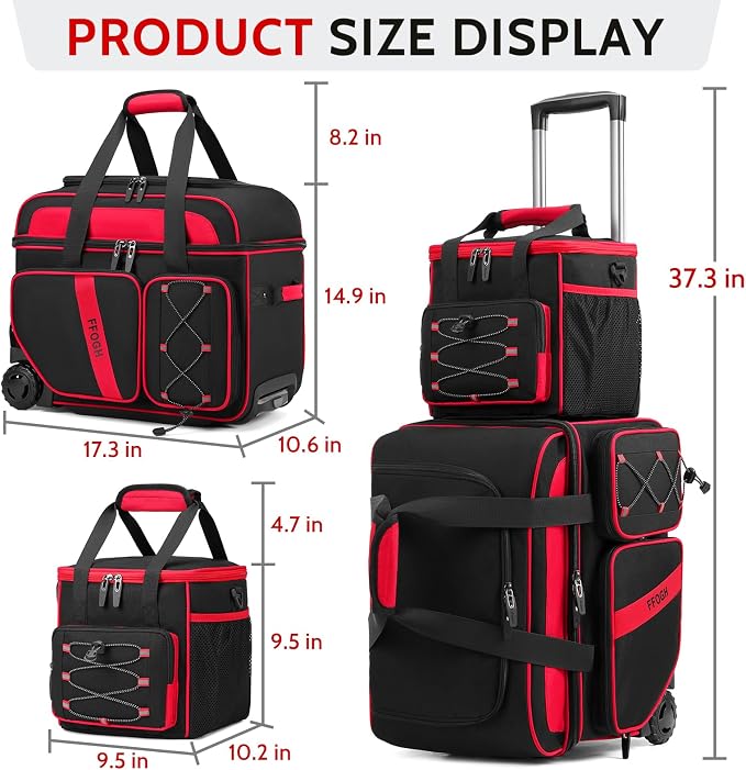 3 Ball Bowling Bag with Wheels, 2+1 Bowling Ball Bags Double Roller with Single Bowling Tote for Accessories, Multi-Pockets & Shoe Compartment (Fits Up to Size 15)