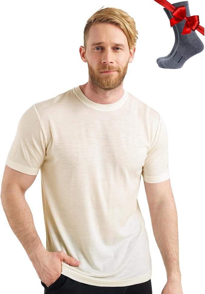 Merino Wool T-Shirt Mens - Merino Wool Undershirt Thermal Shirt for Men and Hiking Socks