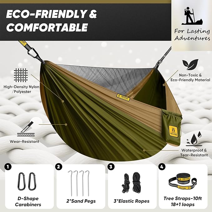 Camping Hammock with Mosquito Net, 600 lbs Portable Hammock with Tree Straps, 2-in-1 Double/Single Travel Hammock Tent for Outside/Indoor/Backpacking/Beach - Green & Khaki