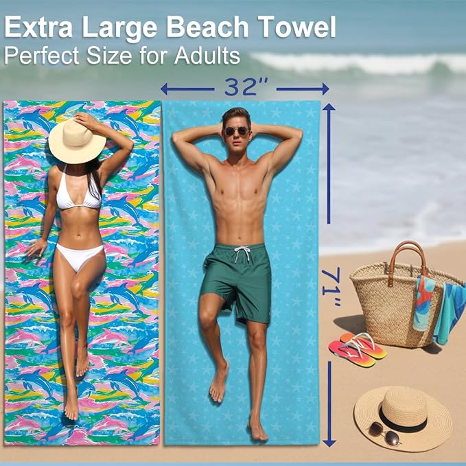 2 Pcs Microfiber Beach Towel Sand Free Quick Dry Oversized Lightweight Dolphin and Wave Patterns Blue Pink Green Swim Towels for Adults Travel Pool Gym Yoga 71 x 32 Inches