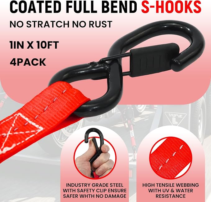 Retractable Ratchet Straps (Patented-4pack) - 1 inch x 10Feet (1,800lb Break Strength) Auto Self Retracting Tie Down Straps - Self Retractable Straps with Refletcive for Motorcyle, Truck or Cargo